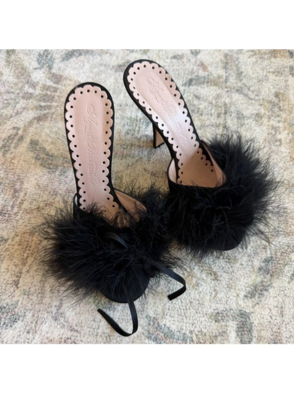 Agent Provocateur Black Feather Pom Slide Heel Mule Sandals Size 6 Made In Italy